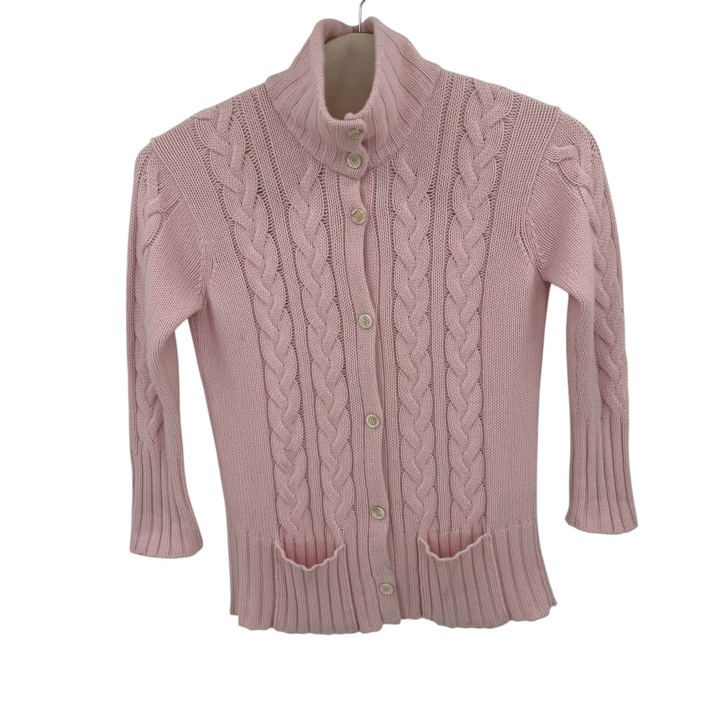 Iris von Arnim Cardigan Women L Pink Cashmere Cable Knit Mock Neck Luxury